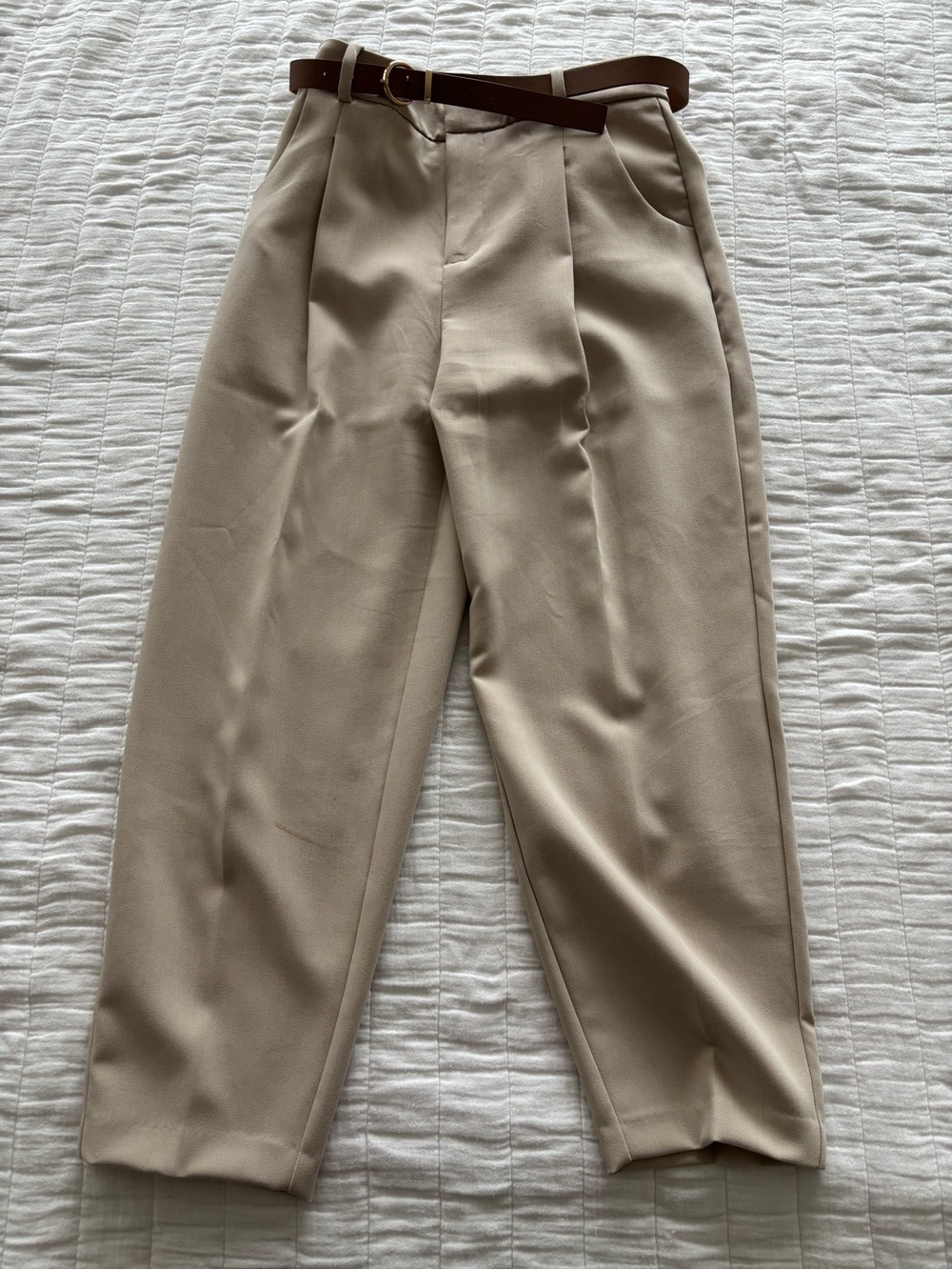 Zara Men's Pleated Chinos in Light Beige with Brown Belt